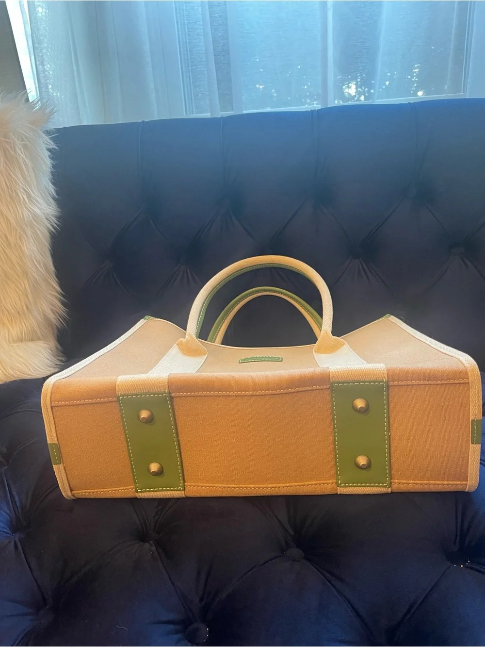 Rare Dooney & Bourke Neutral Canvas Laptop Bag with Green Leather Trim
